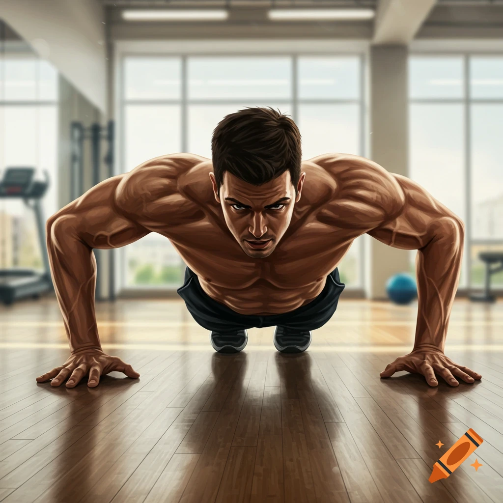 Muscular man doing a pushup in a gym.
