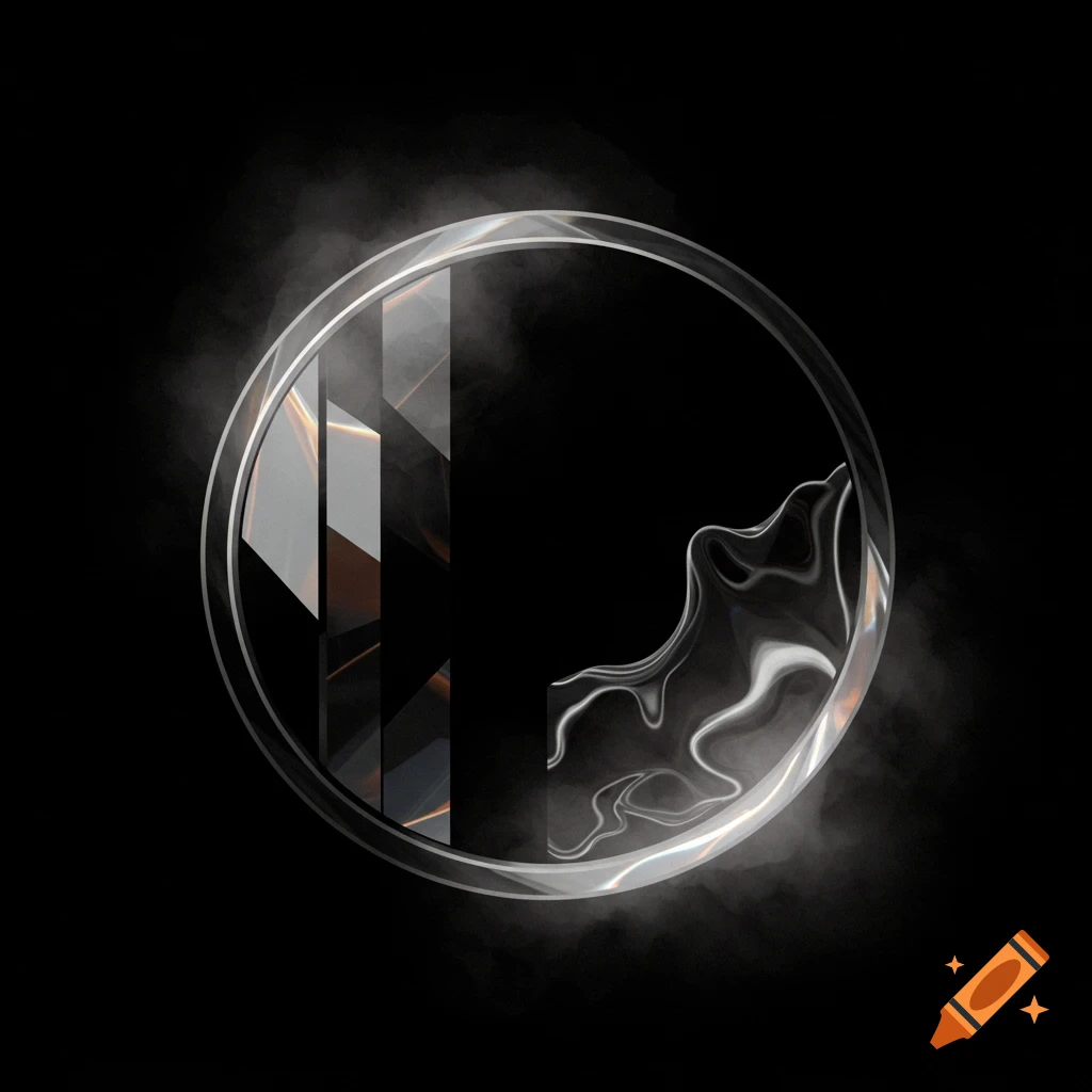 Abstract geometric design of a circular lens with faceted and fluid sides on a black background with mist.