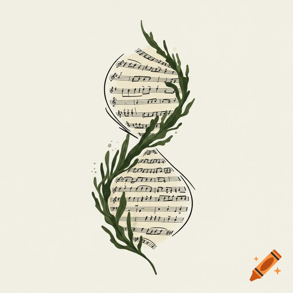 Minimalist image of a double helix made of sheet music and green leaves on a light background.