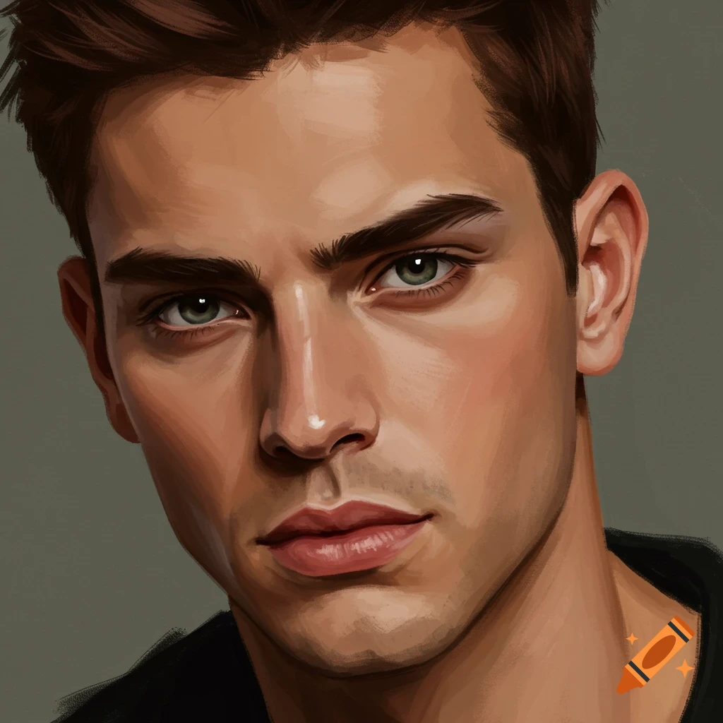 A portrait of a man with brown hair and green eyes.