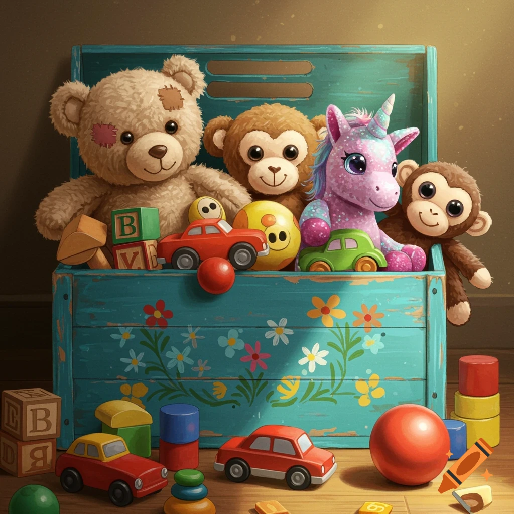 A vintage blue wooden toy box filled with stuffed animals, wooden blocks with letters, toy cars, and a ball.