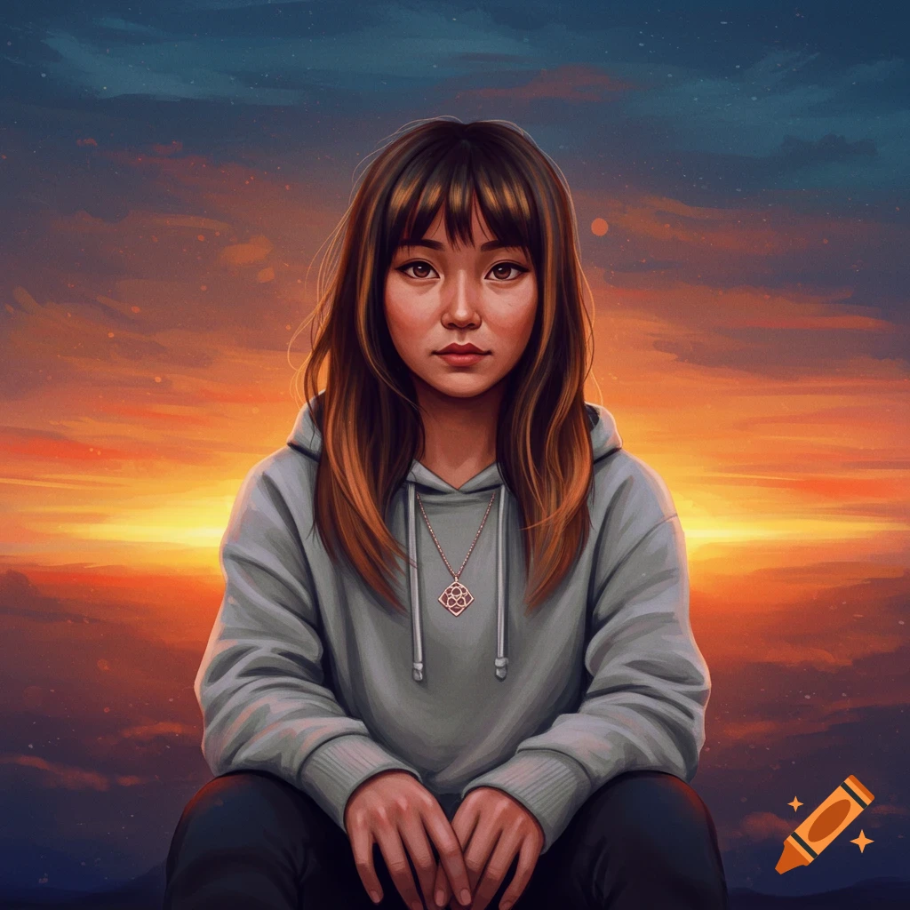 A young woman in a gray hoodie and necklace is sitting in front of a sunset.