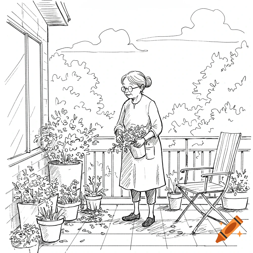 Black and white sketch of an older woman tending potted plants on a patio.