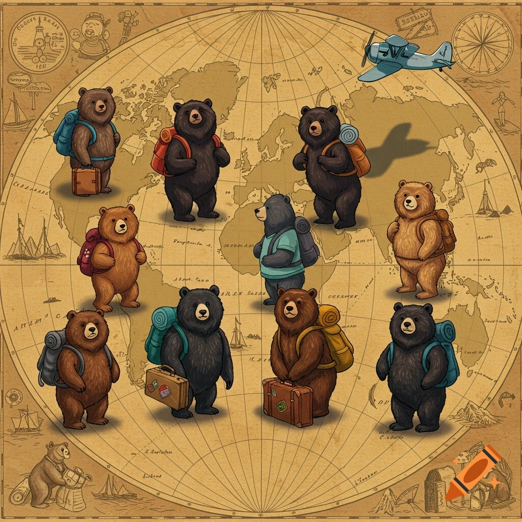 Cartoon bears with backpacks and suitcases stand on a world map with an airplane in the background. Illustration.