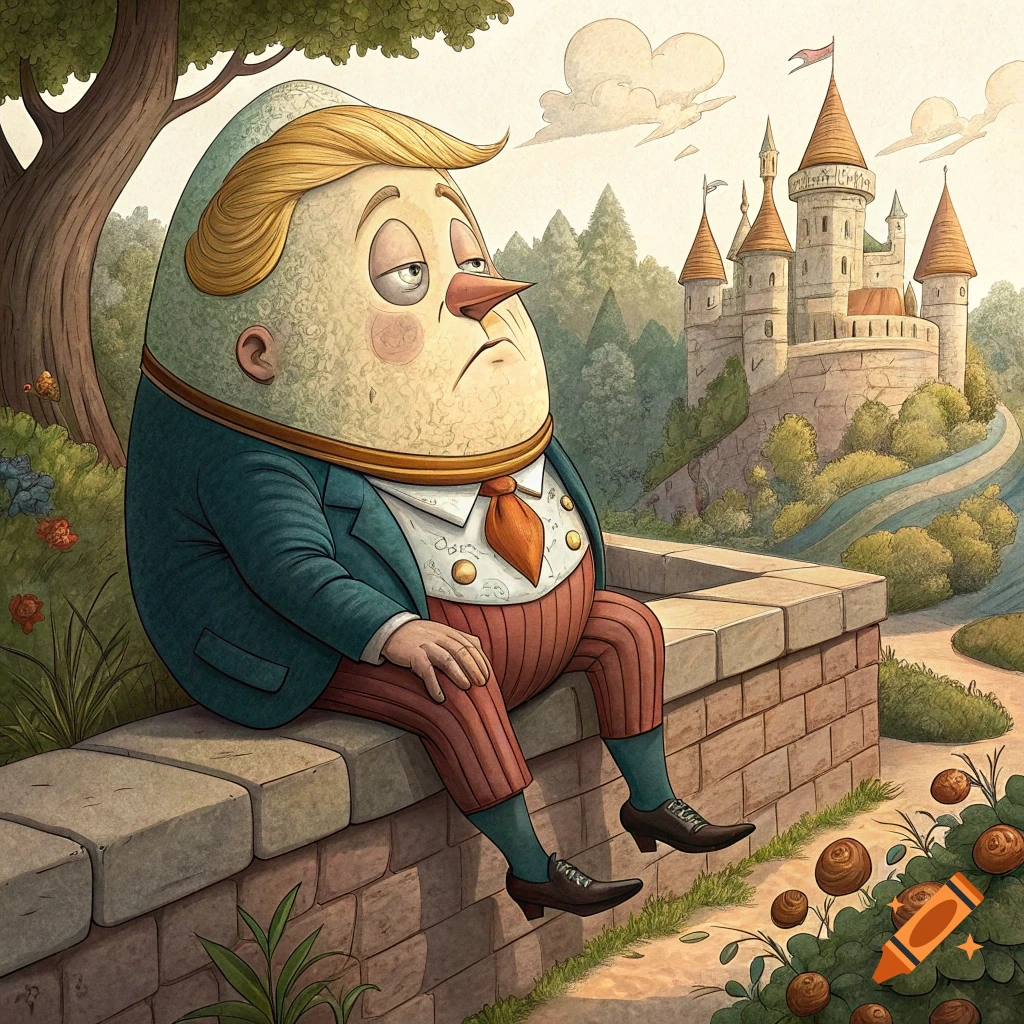 A sad cartoon character resembling Humpty Dumpty sits on a wall with a fairytale castle in the background.