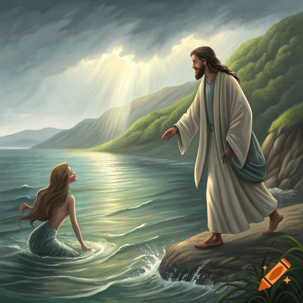 Jesus stands on a rock by the sea, reaching out to a mermaid in the water as sun rays shine down.