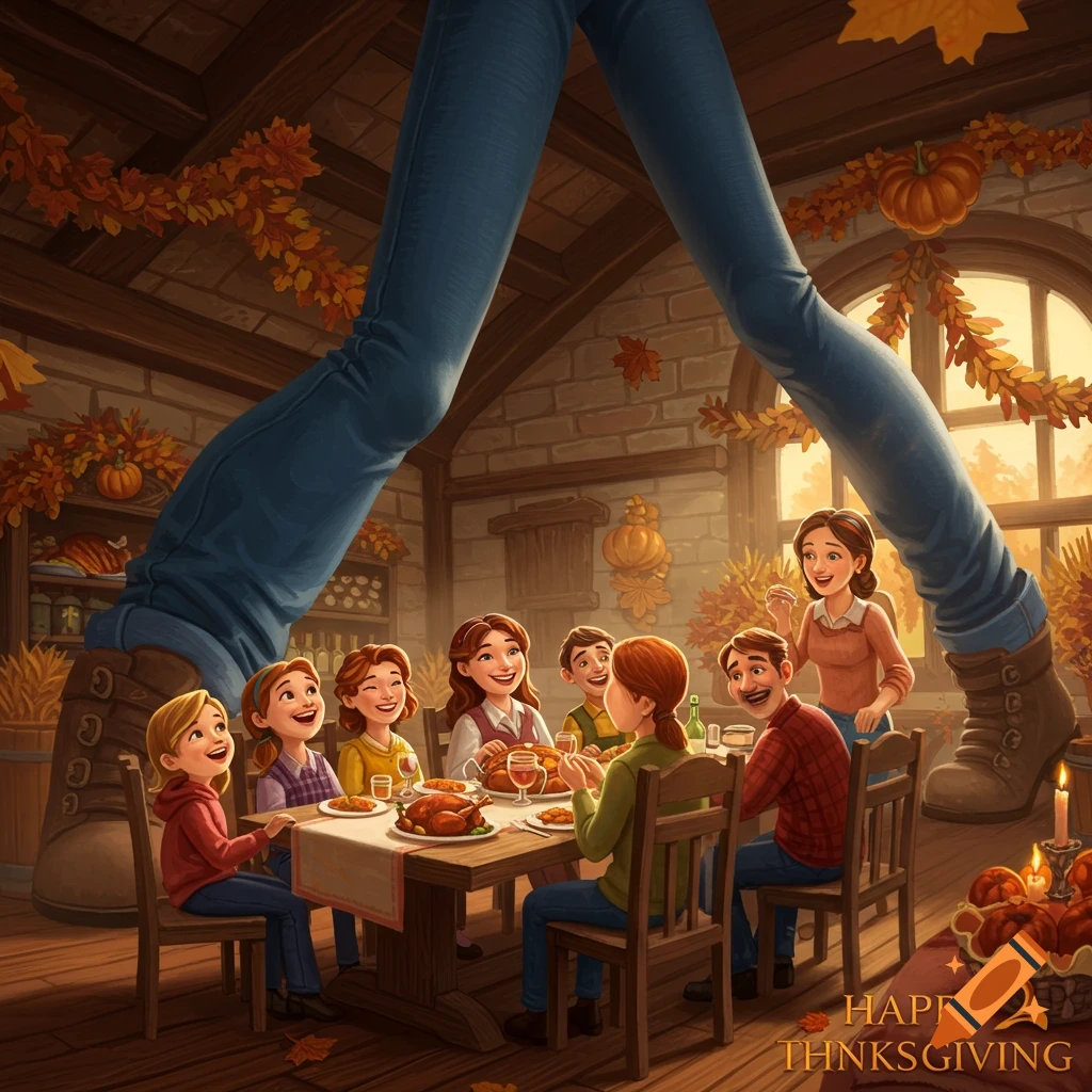 Illustration of a family celebrating Thanksgiving dinner with the giant legs of a standing figure overhead.