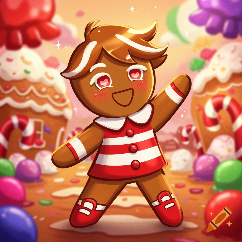 Cartoon ginger cookie character in a candy land.