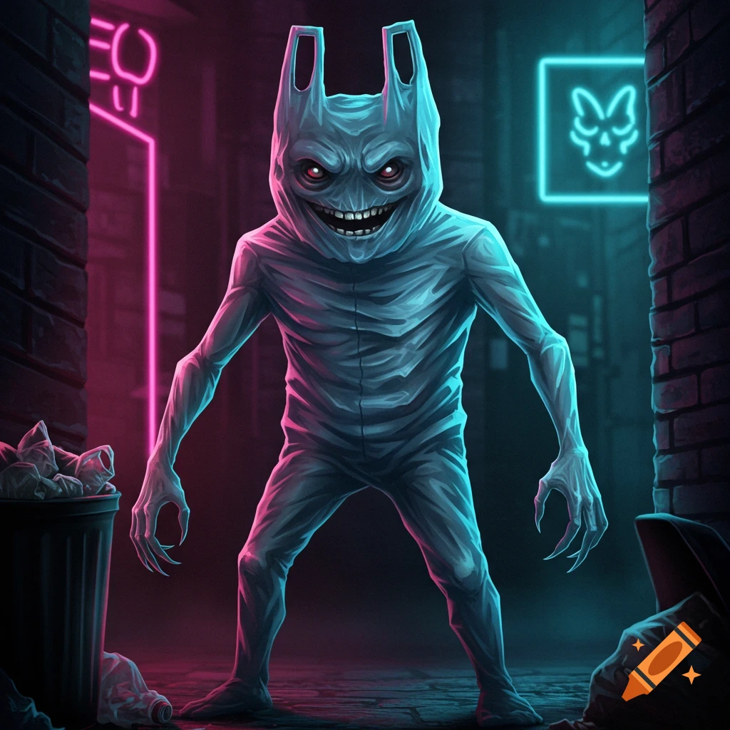 Digital art of a creepy humanoid plastic bag monster in a dark alley with neon signs
