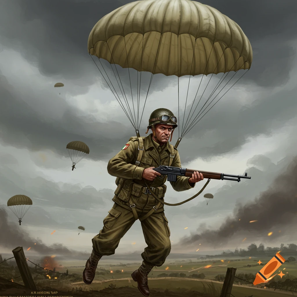 A WW2 American paratrooper descending with parachute over a battlefield