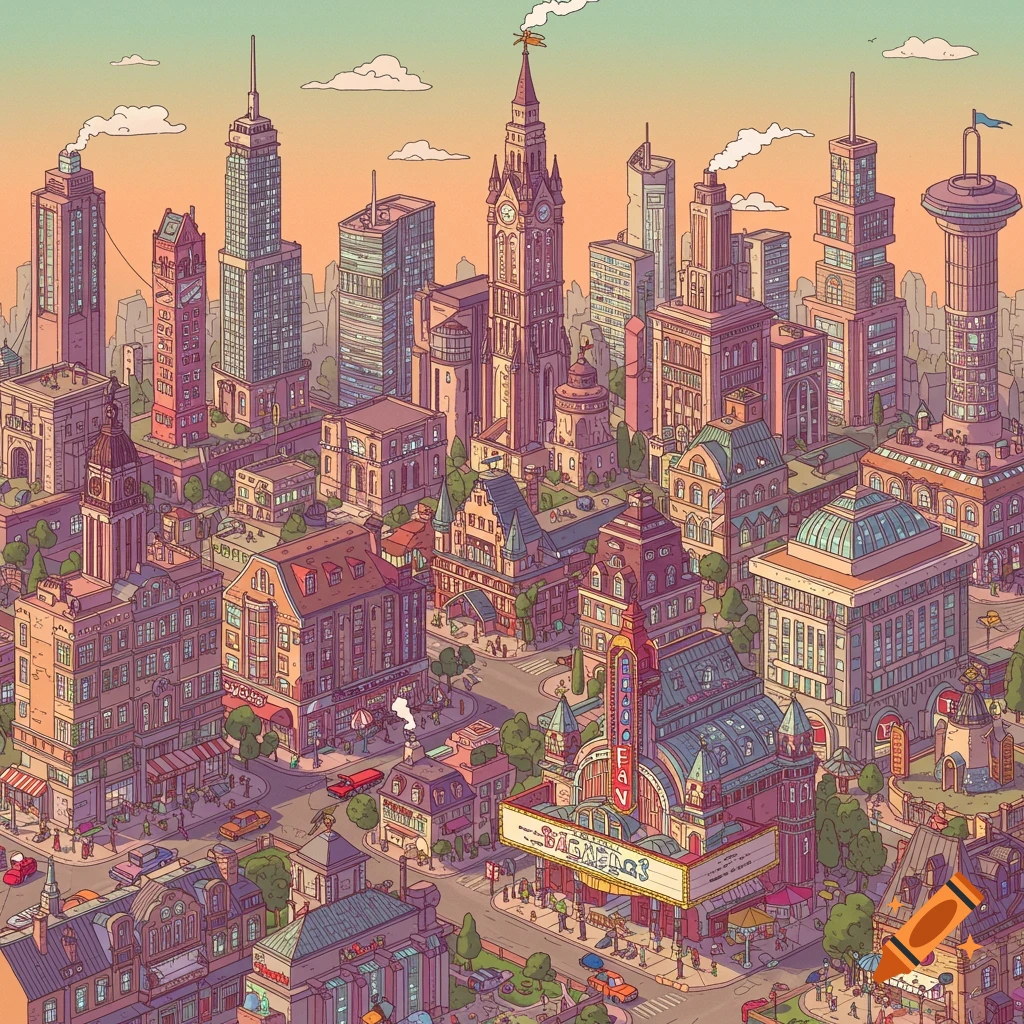 Detailed illustration of a bustling city with diverse architecture in a warm, stylized drawing style.
