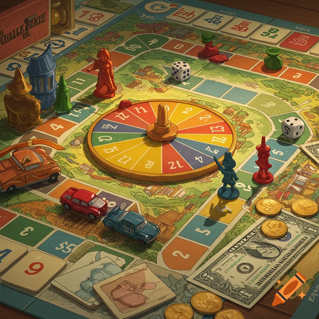 A vintage-style board game with cars, people pieces, spinner, dice, cards, coins, and a dollar bill.