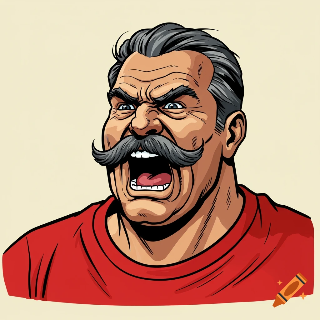 Illustration of a man with a mustache yelling in a cartoon style.