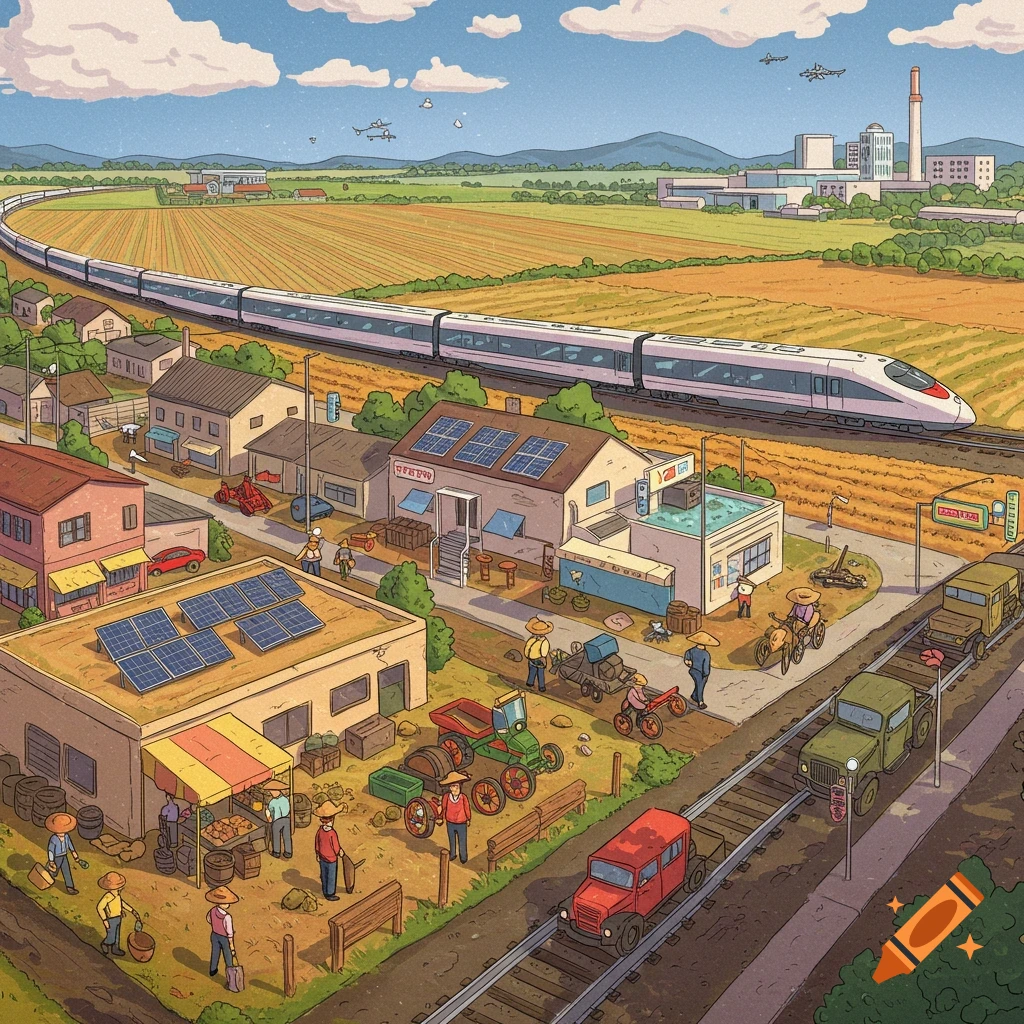 A high-speed train travels through a rural landscape with a village, fields, and stylized figures.