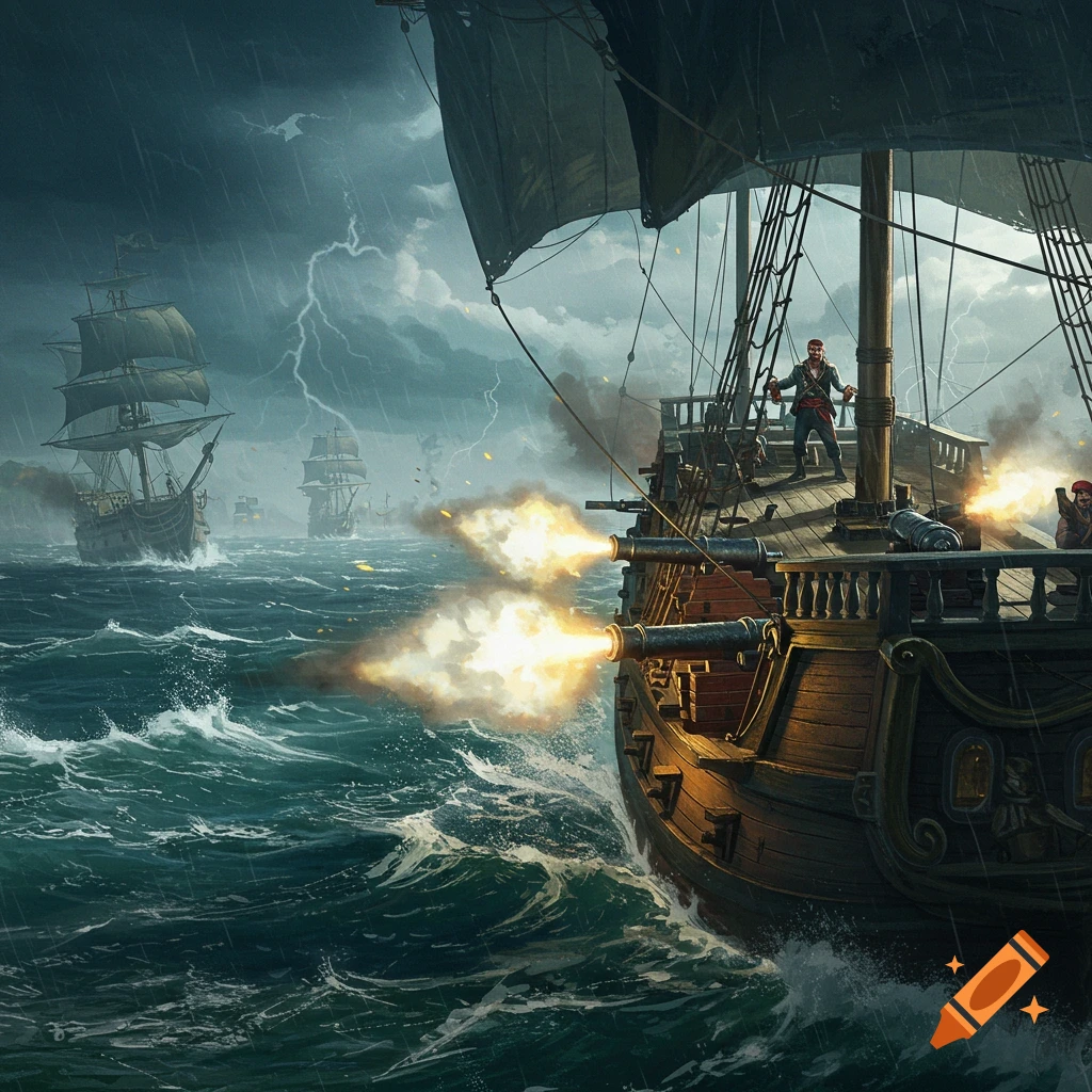 Pirate ships firing cannons during a stormy sea battle with lightning