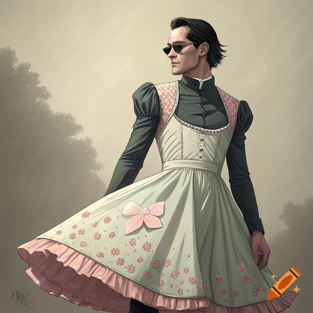 Digital illustration of a man in sunglasses and a frock standing outdoors.