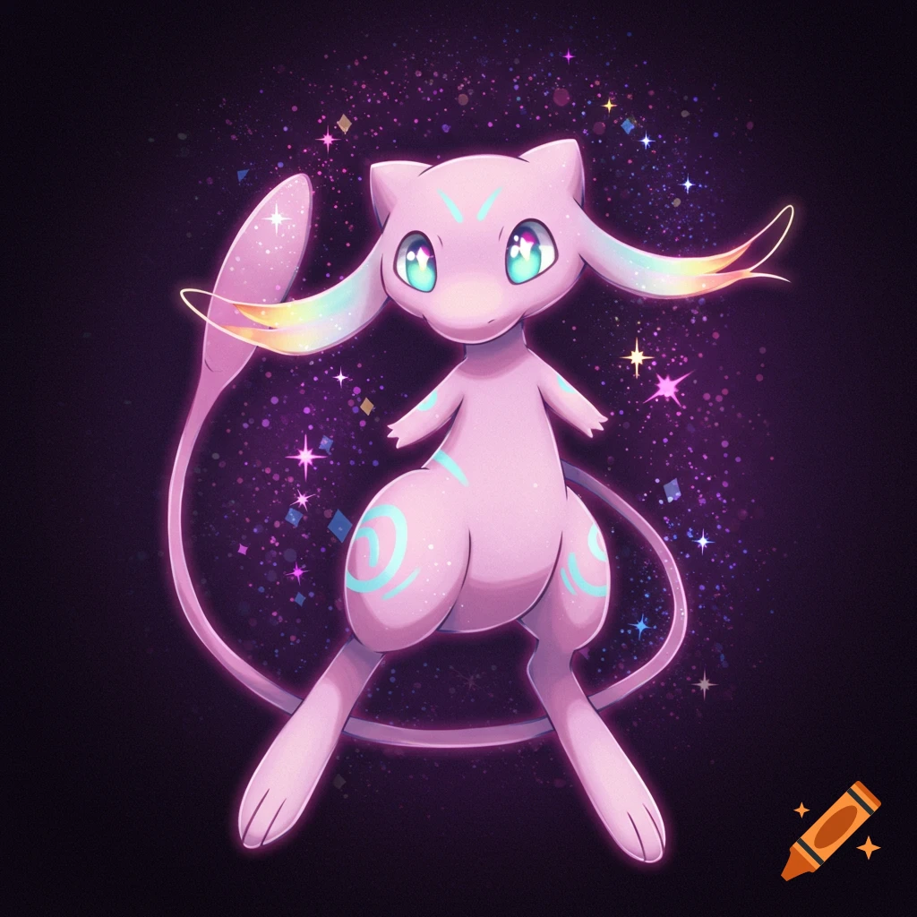 A pink creature resembling Mew floats in a field of sparkling stars.