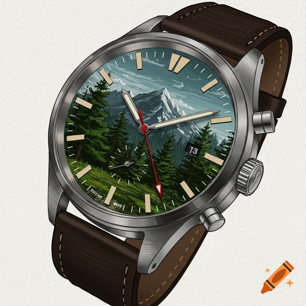 A watch with a mountain and forest scene on the dial, brown leather strap.