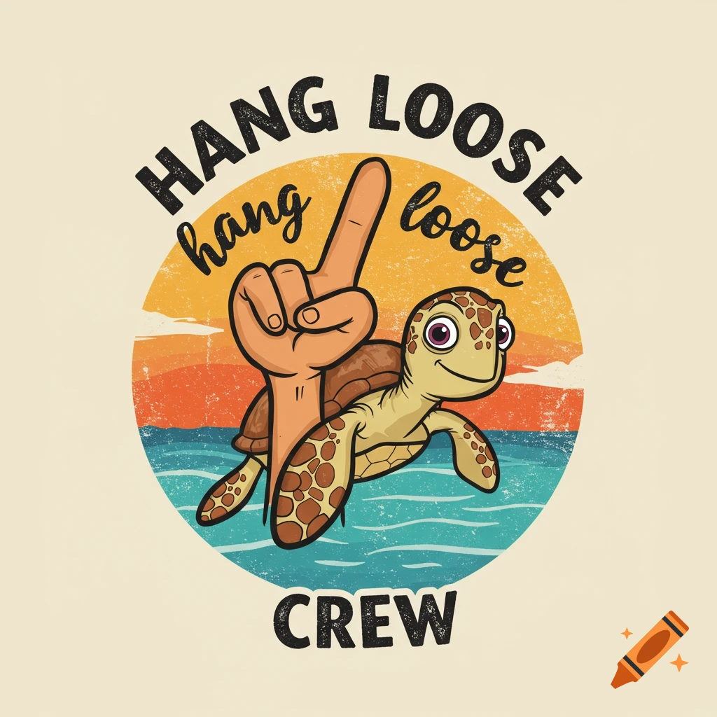 Cartoon logo with a turtle, hang loose hand sign, and 'Hang Loose hang loose CREW' text against a sun and water background.