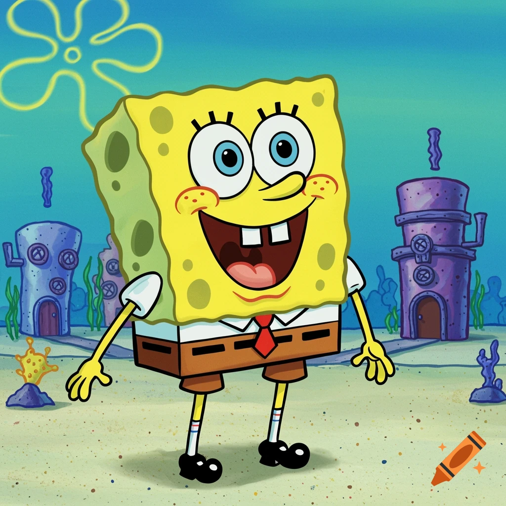 Cartoon of SpongeBob SquarePants smiling in Bikini Bottom.