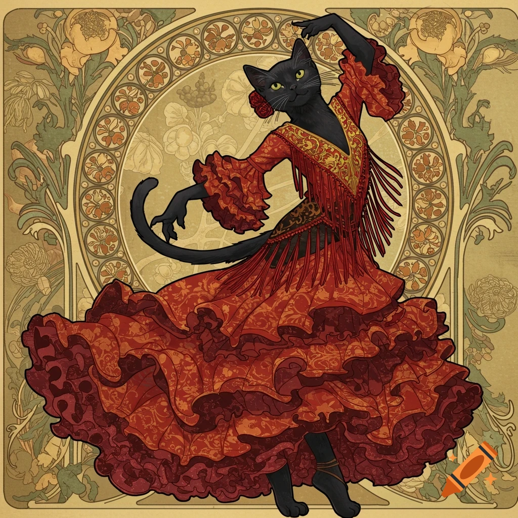 A black cat in a red flamenco dress dances against an Art Nouveau background in the style of Mucha.