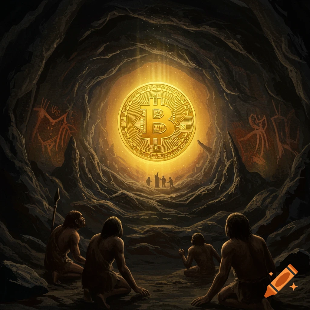 Cavemen looking at a giant glowing bitcoin in a cave with cave paintings.