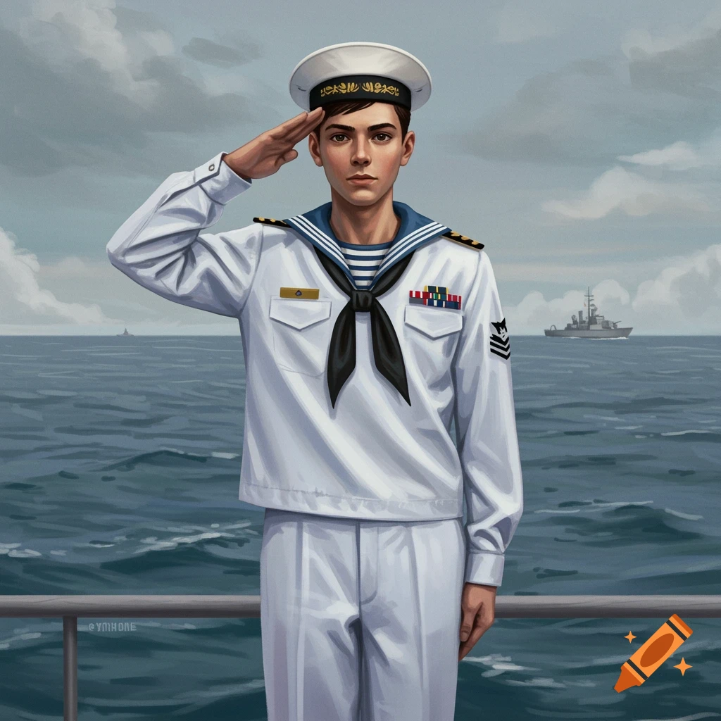 A young sailor in a white uniform saluting on a ship deck with the ocean and another ship behind him.