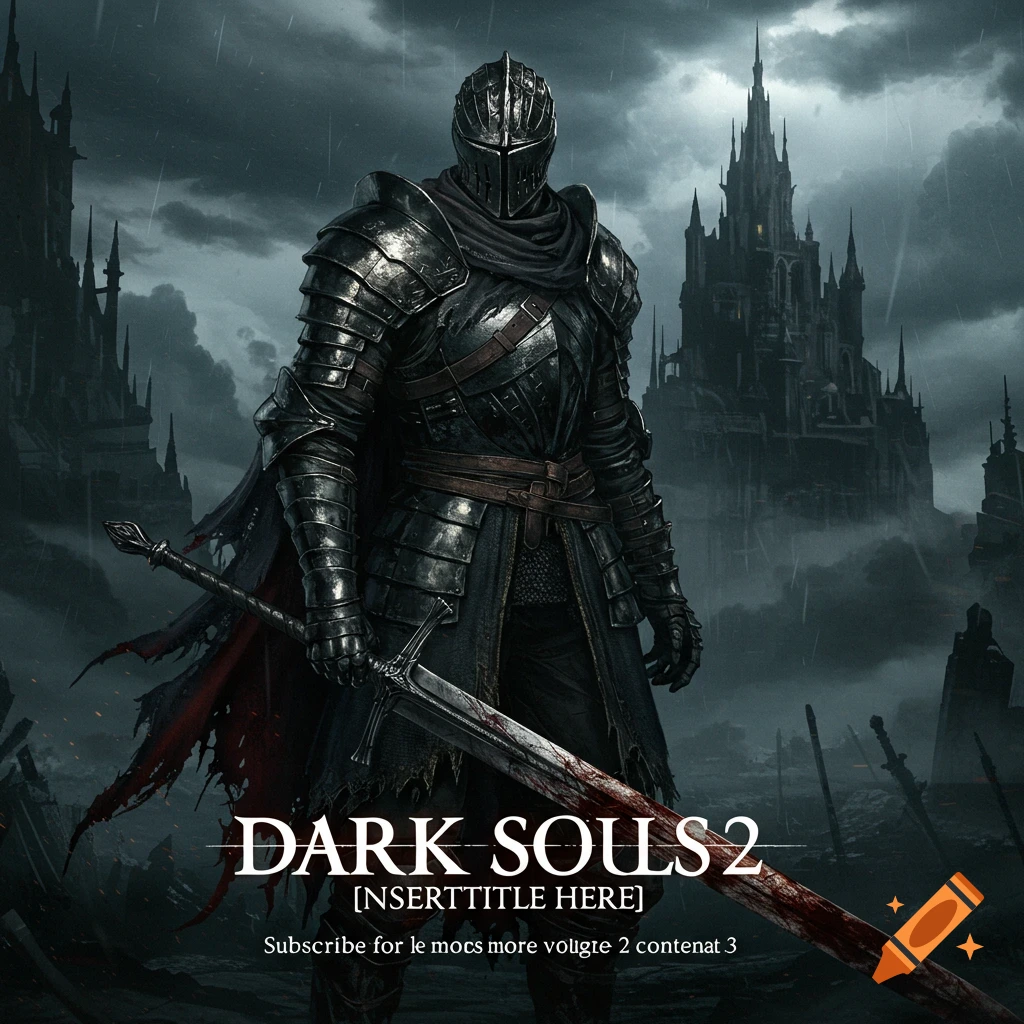 A knight in dark armor stands before a dark castle in the rain, holding a bloody sword.