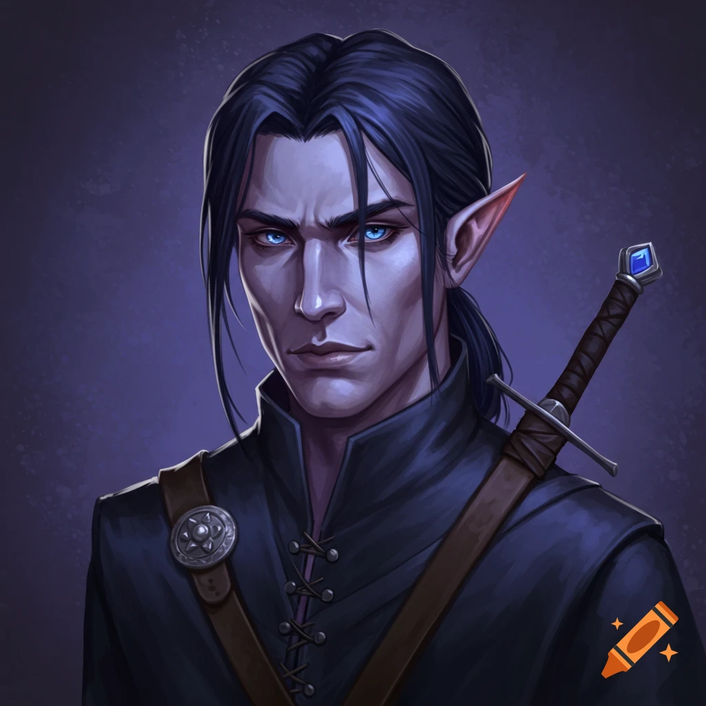 A fantasy character with dark hair, blue eyes, pointy ears, and a sword.