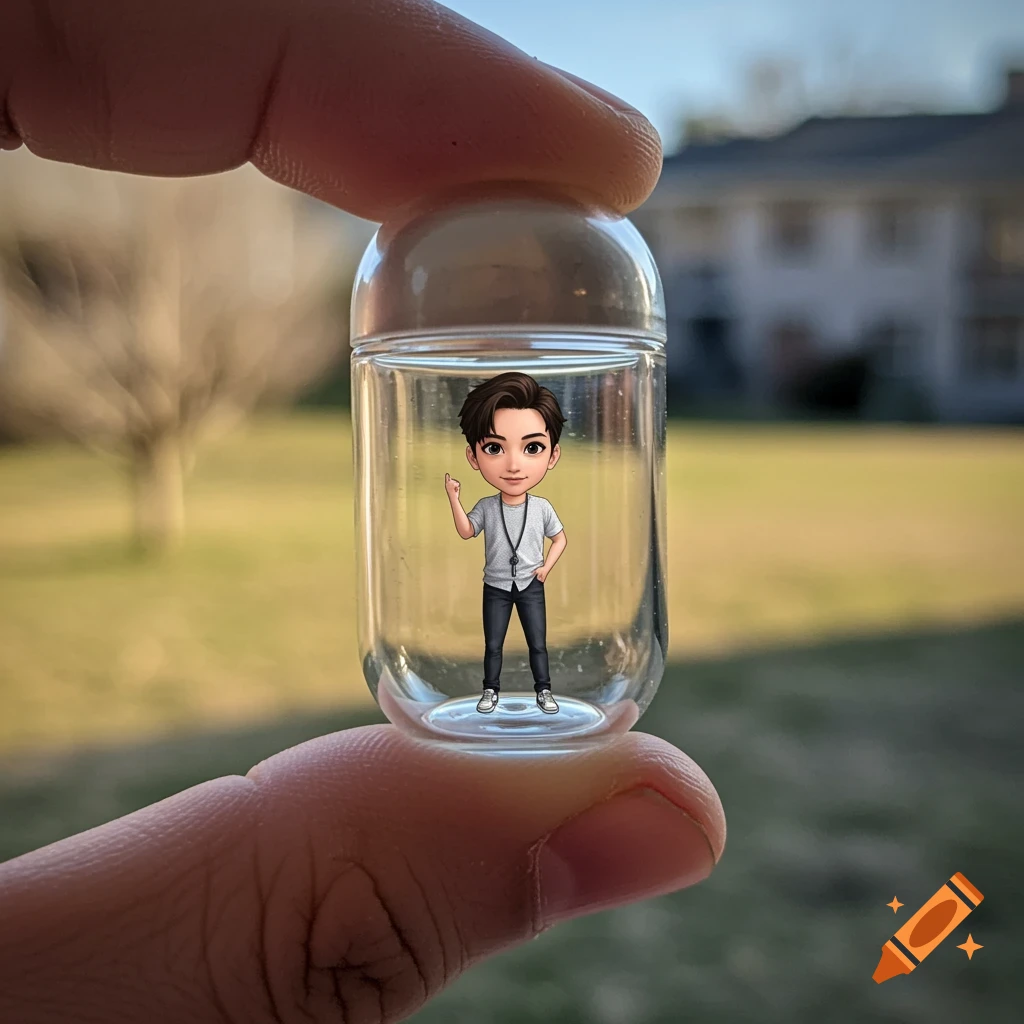A miniature chibi-style person stands inside a clear capsule held between two fingers against a blurred outdoor background.