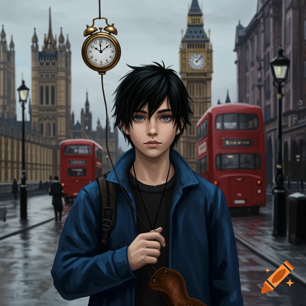 A young person with black hair and blue eyes stands on a rainy London street, holding a journal with a clock overhead.