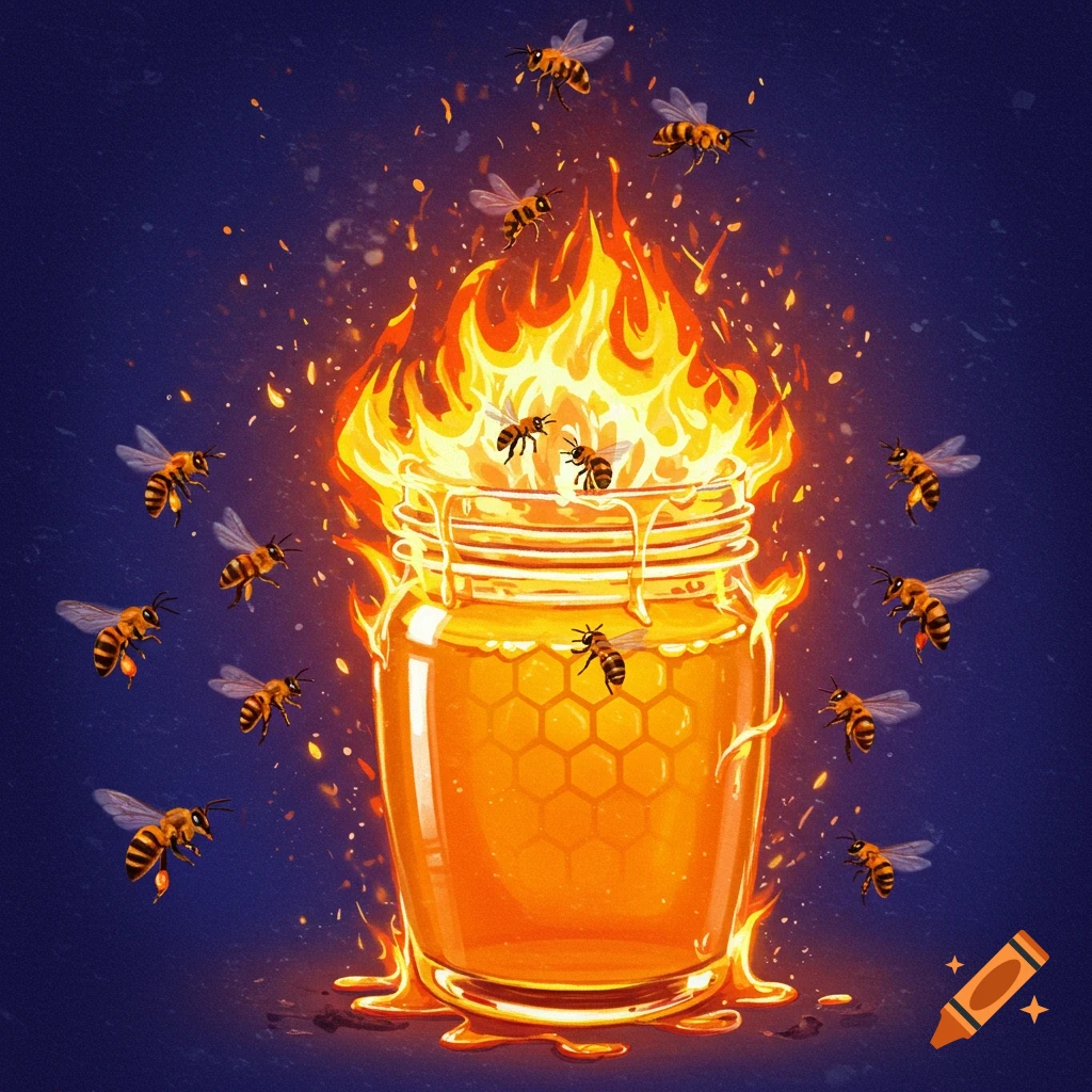 Bees flying around a burning jar of honey