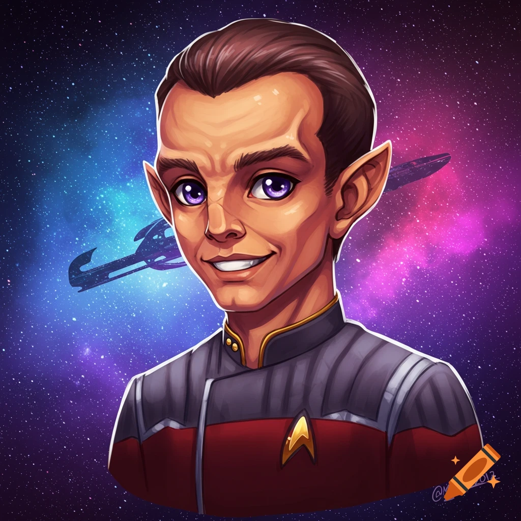 A smiling character in a Starfleet uniform with purple eyes and pointed ears against a starry background with a spaceship.