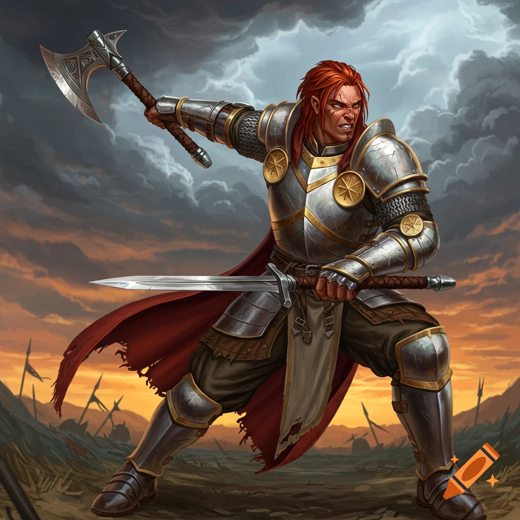 A red-haired paladin in shining armor holds an axe and a sword on a battlefield under a dramatic, cloudy sky.