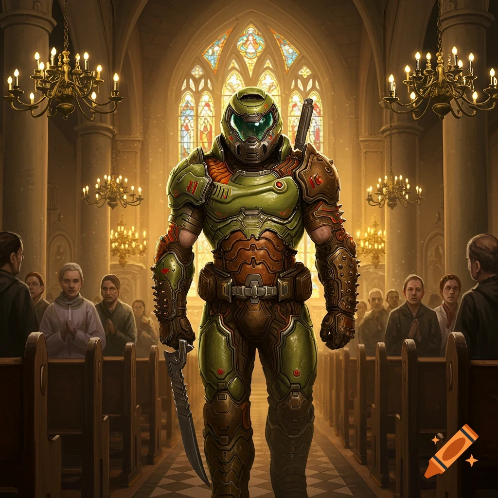 Doom Slayer stands in a church aisle during a service.