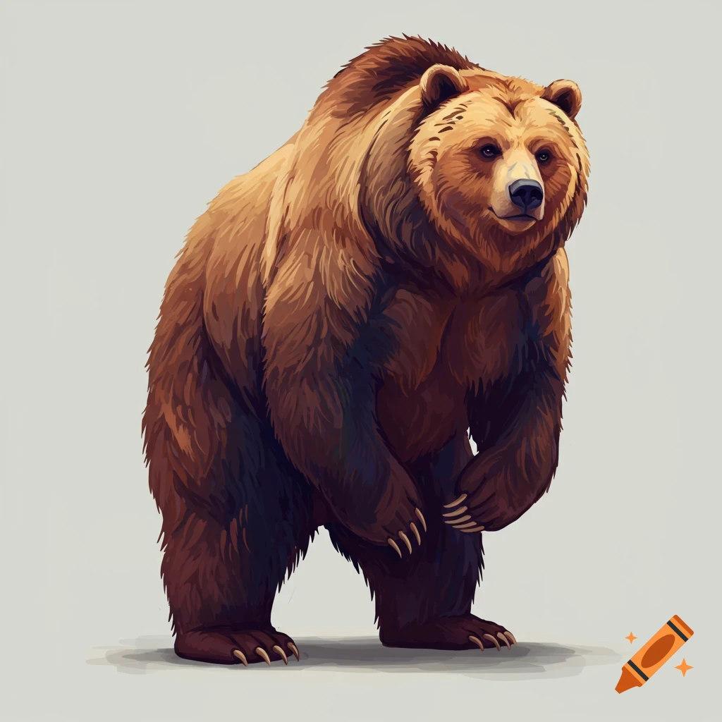 A brown bear standing upright on a grey background.