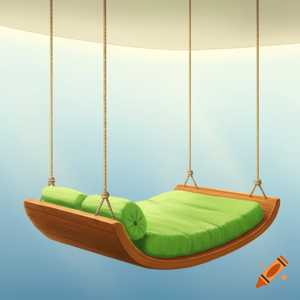 A green cushioned hanging bed swing suspended by ropes from a ceiling against a blue sky.