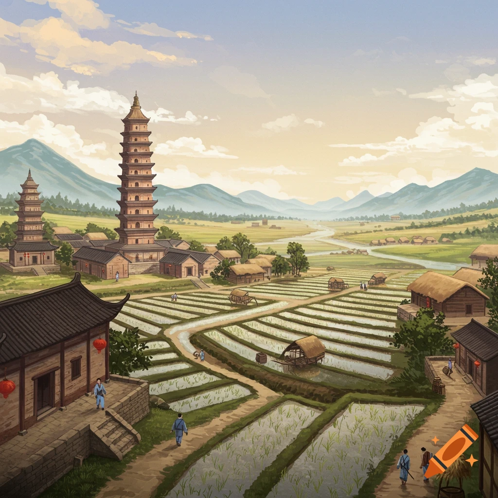 Ancient Chinese village with pagodas, rice paddies, river, and mountains.