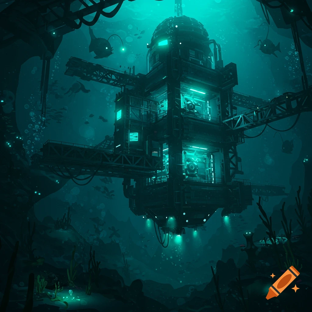 A futuristic underwater base illuminated by green lights in a deep ocean trench with fish and glowing plants.