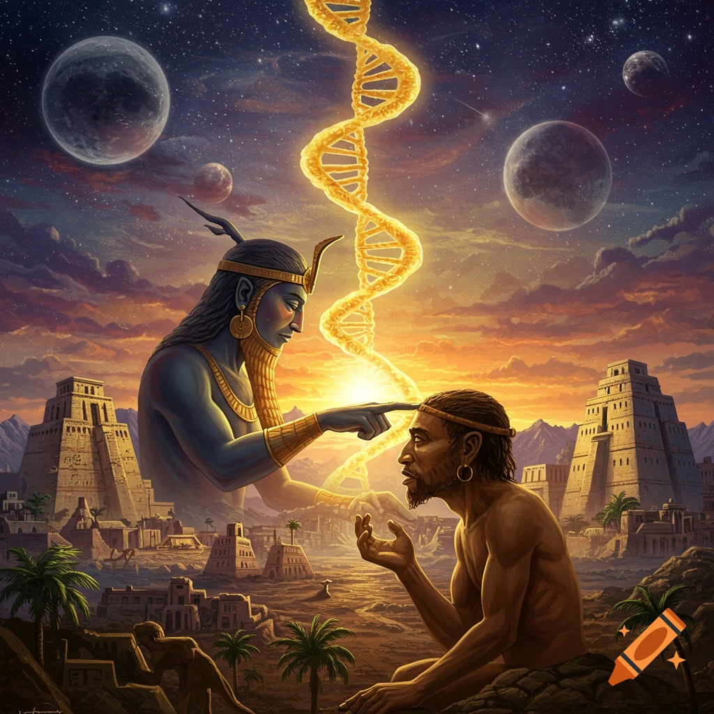 An Anunnaki figure touches a human's forehead with a DNA helix above ancient cities and planets.