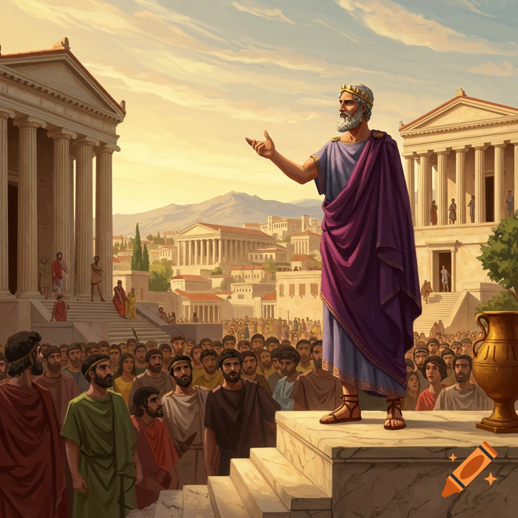 A robed man is speaking to a crowd in an ancient city square.
