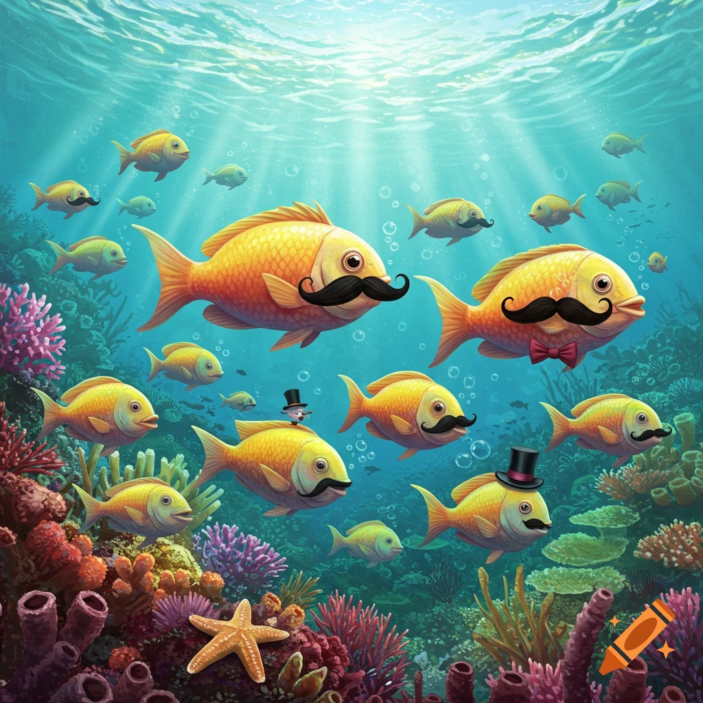 Yellow fish with mustaches and hats swimming in a coral reef.