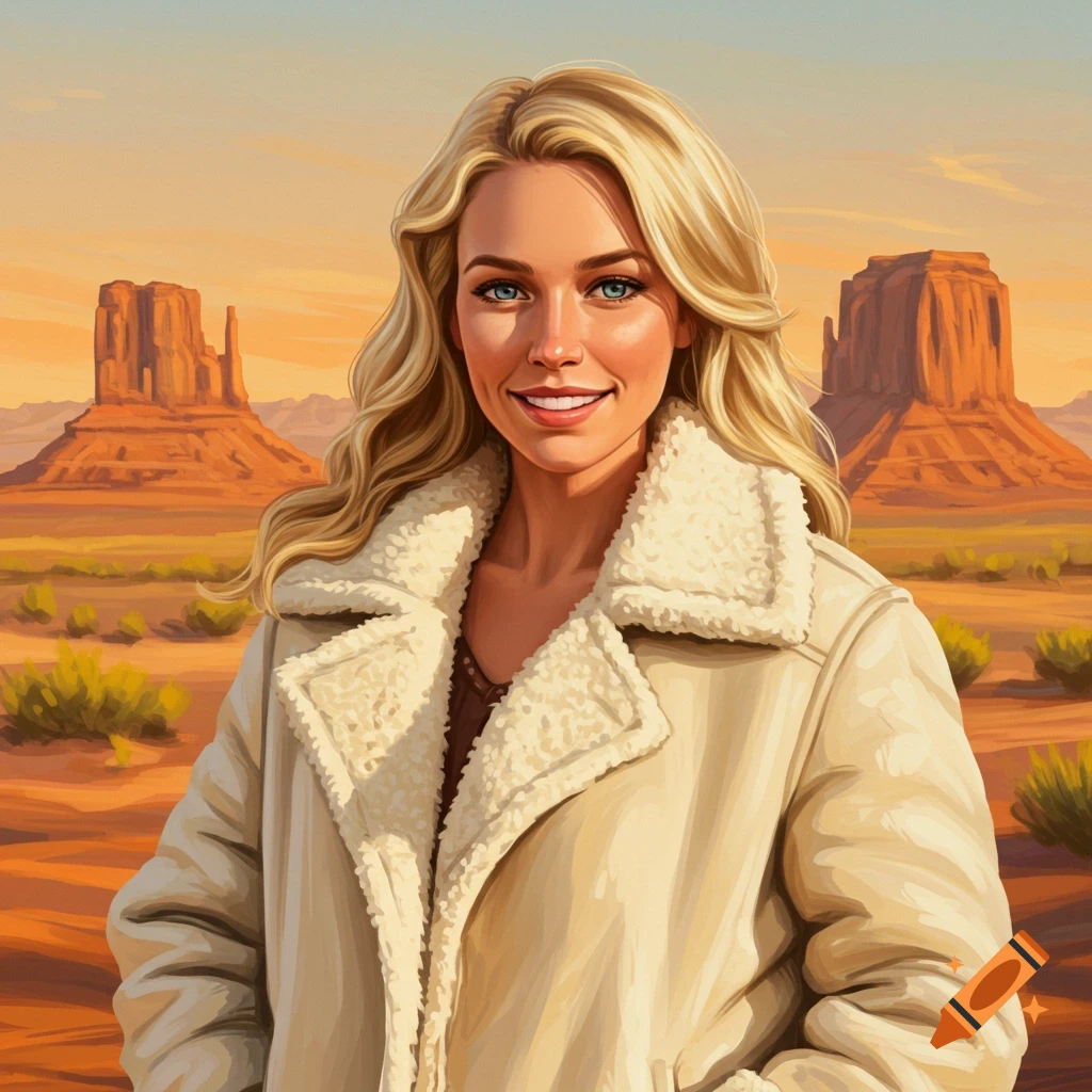 A smiling woman in a shearling coat in a desert landscape with mesas.
