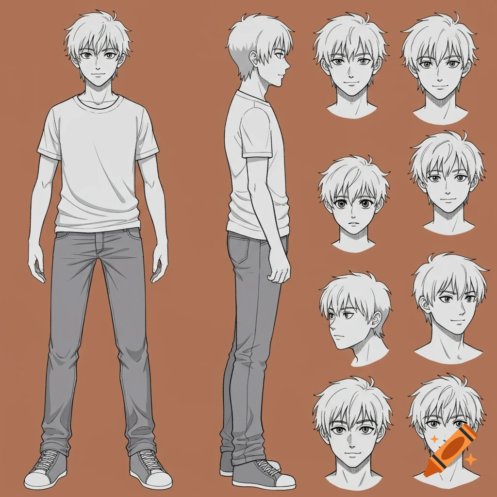 Anime character reference sheet showing front, side, and head views of a male figure in a t-shirt and jeans.