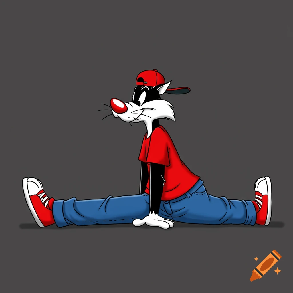 Sylvester the Cat in red t-shirt, blue pants, and red cap does the splits.