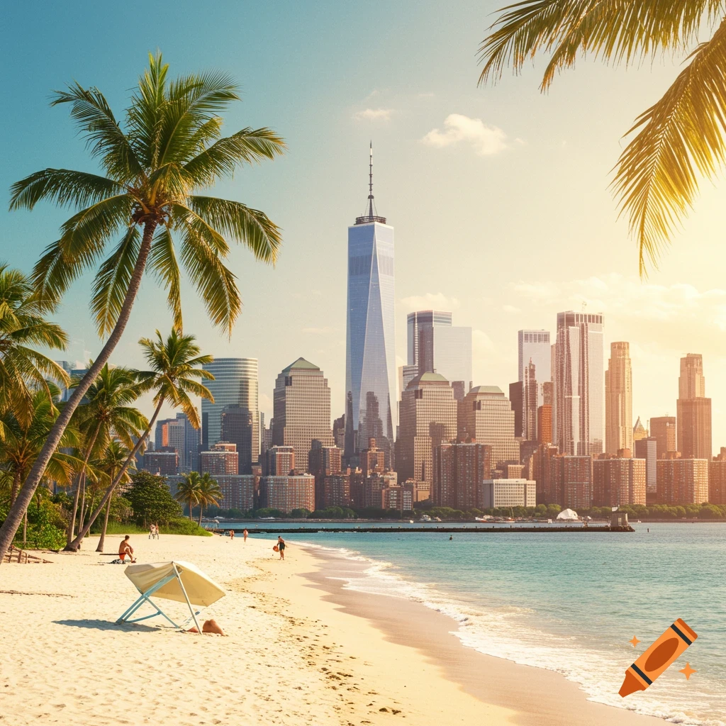 Photorealistic view of a beach with palm trees looking towards the New York City skyline.