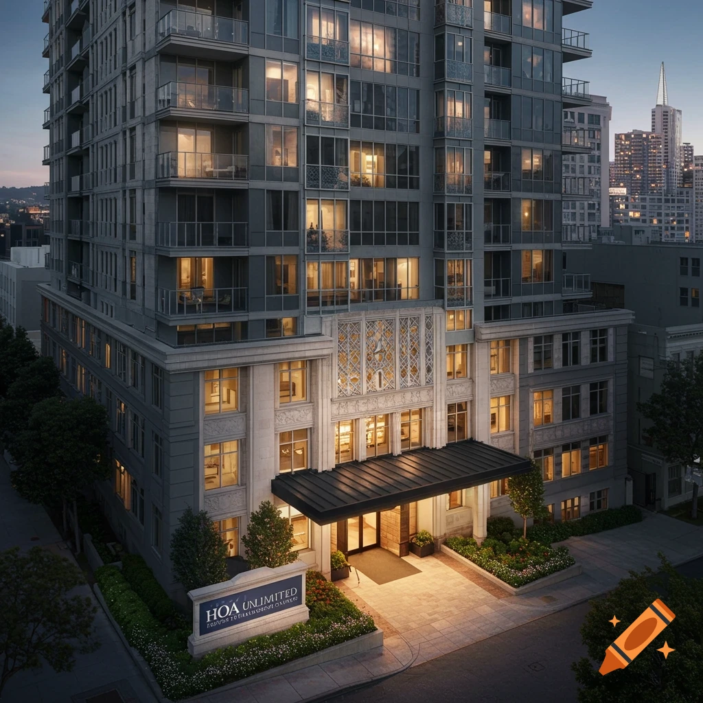 Elegant tall building with an 'HOA UNLIMITED' sign, seen at dusk with city lights in the background.