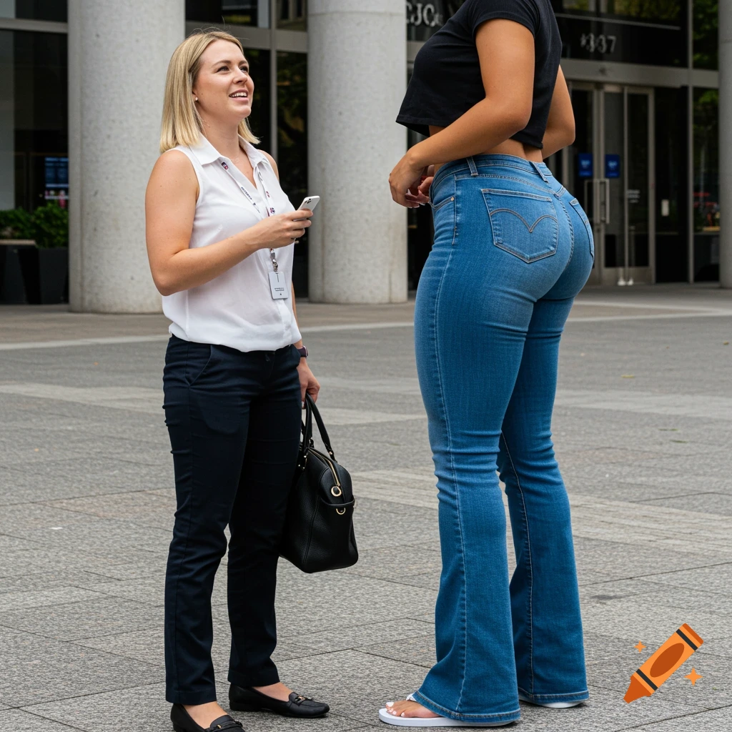 Two women stand talking outside a modern building.