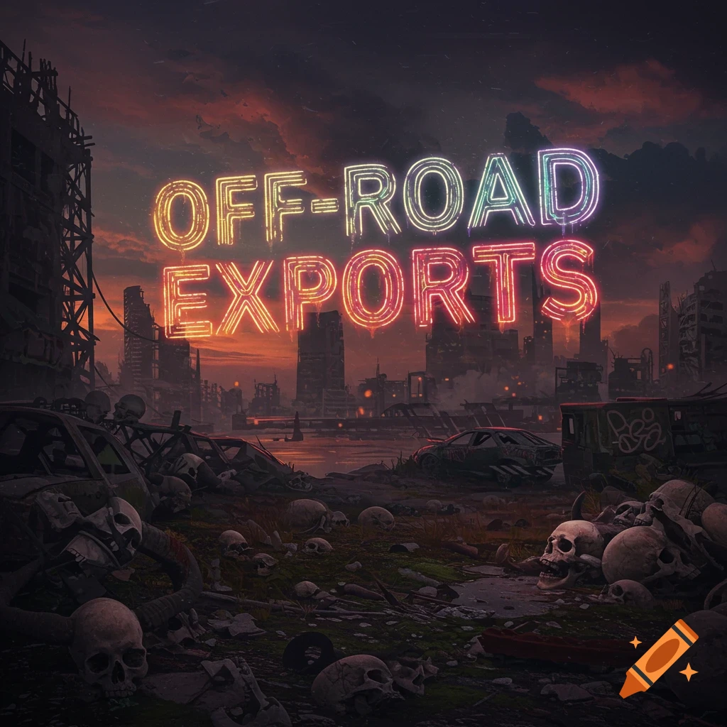 Neon text 'OFF-ROAD EXPORTS' over a ruined city landscape filled with skulls at sunset.