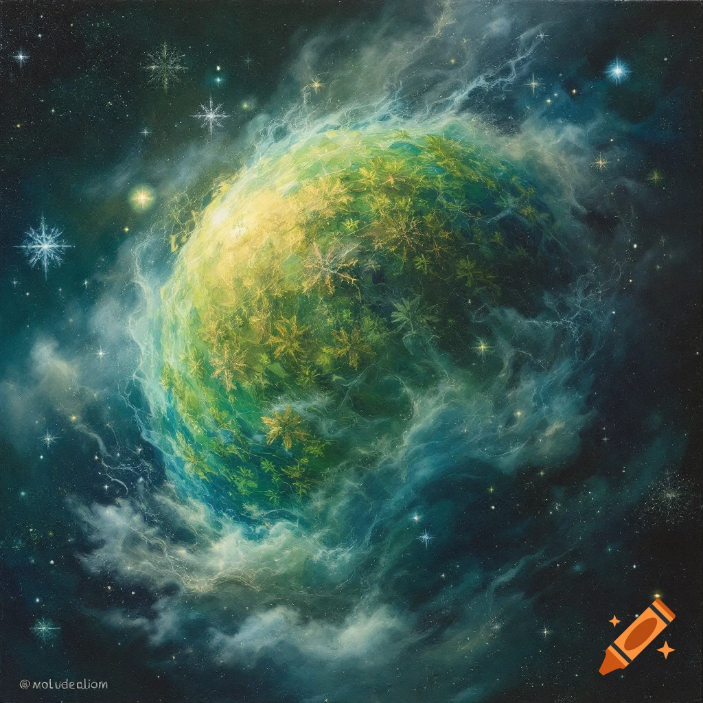 A planet-like object covered in green and yellow leaves, surrounded by colorful space clouds and stars.